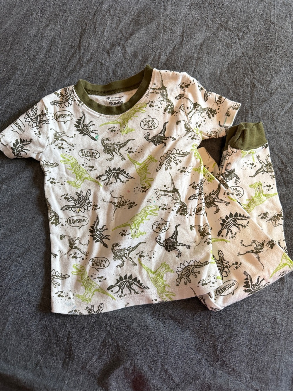 Kids' Dino Print Pajama Set in White and Olive - slight staining